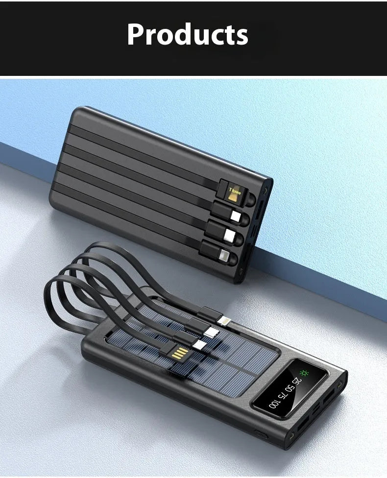 Black and white solar power bank with 20000mAh capacity and four-wire cable for mobile phones
