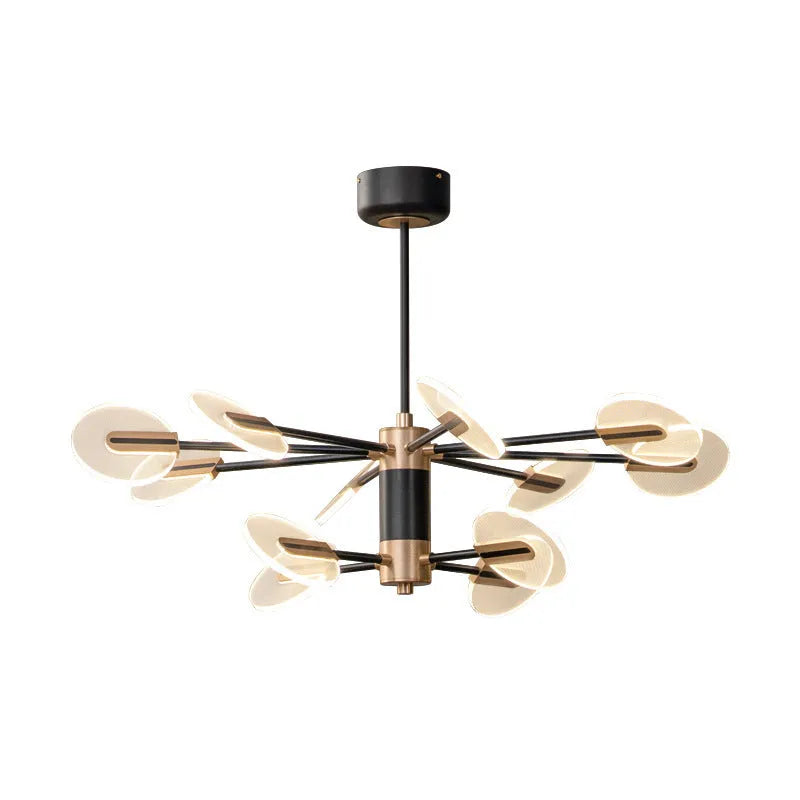 Nordic style black iron chandelier with multiple acrylic lamp shades hanging from ceiling