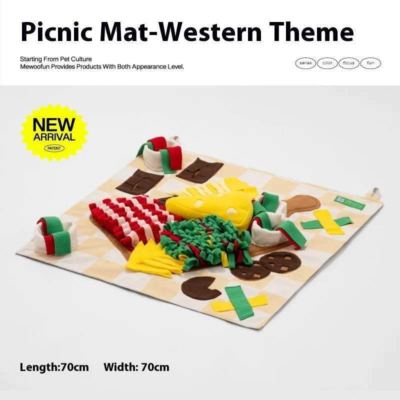 Themed fabric dog sniffing mat for interactive enrichment and food hiding