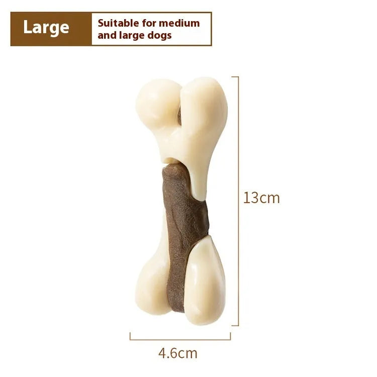Brown bone-shaped dog chew toy made from cowhide and nylon materials