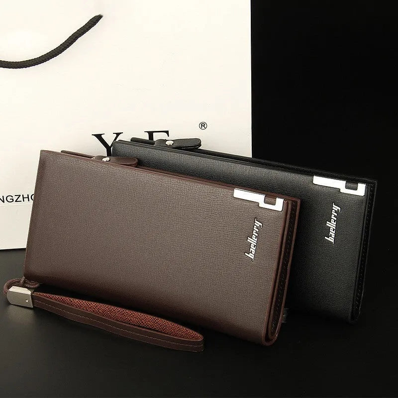 Men's long black PU leather wallet with a silver zipper closure laid flat