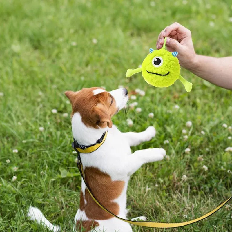 Green interactive sound dog teething ball toy approximately 12cm diameter made from plush and TPR materials