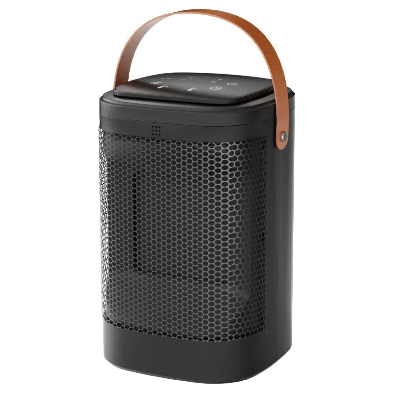 White portable fan heater with digital touch screen display and remote control.