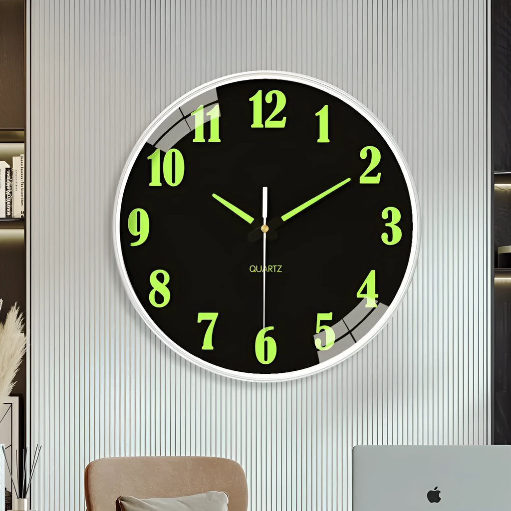 Modern 8 inch diameter luminous wall clock with silent movement on a wall.