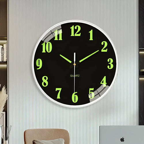 Modern 8 inch diameter luminous wall clock with silent movement on a wall.
