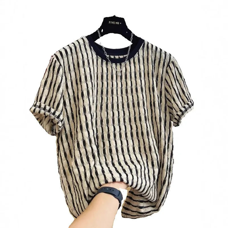 Men's black striped loose short sleeve shirt made from silk and linen blend fabric