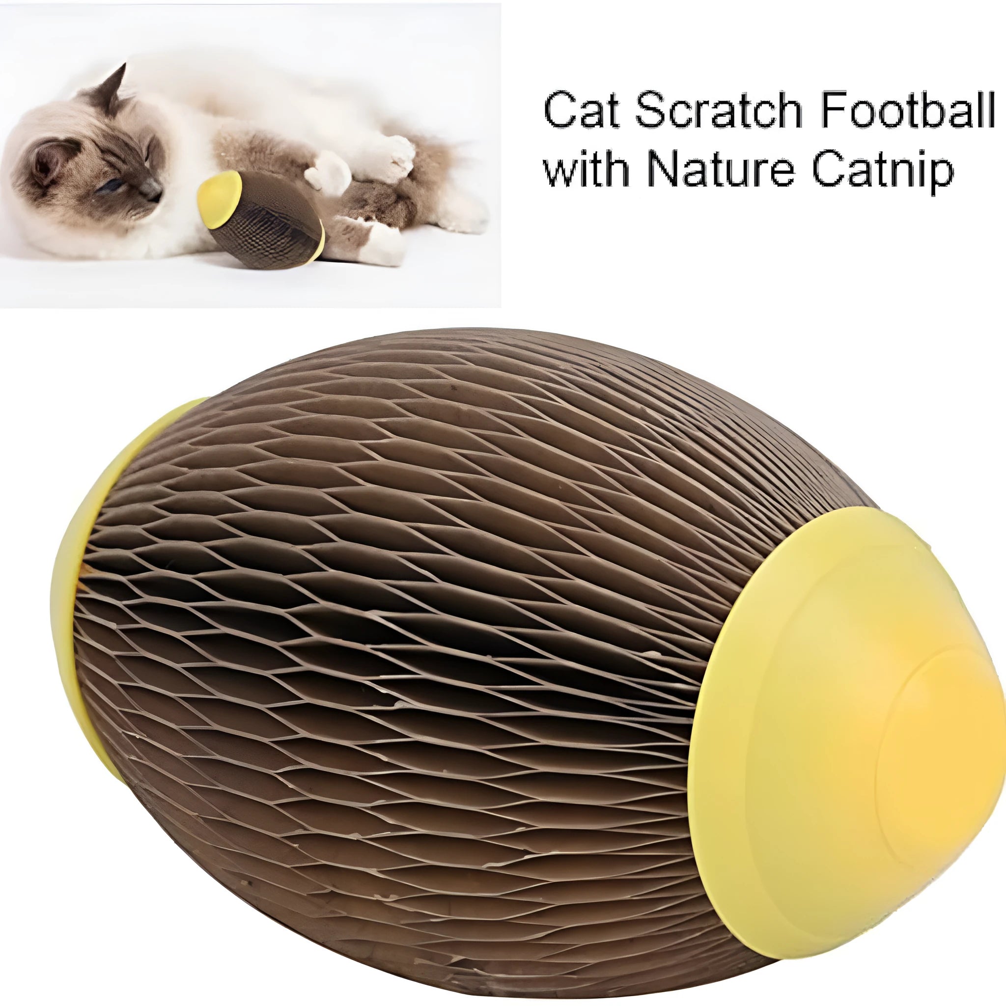 Ellipse-shaped catnip scratch ball made from brown recycled corrugated paper, shown with a pull-open cover.