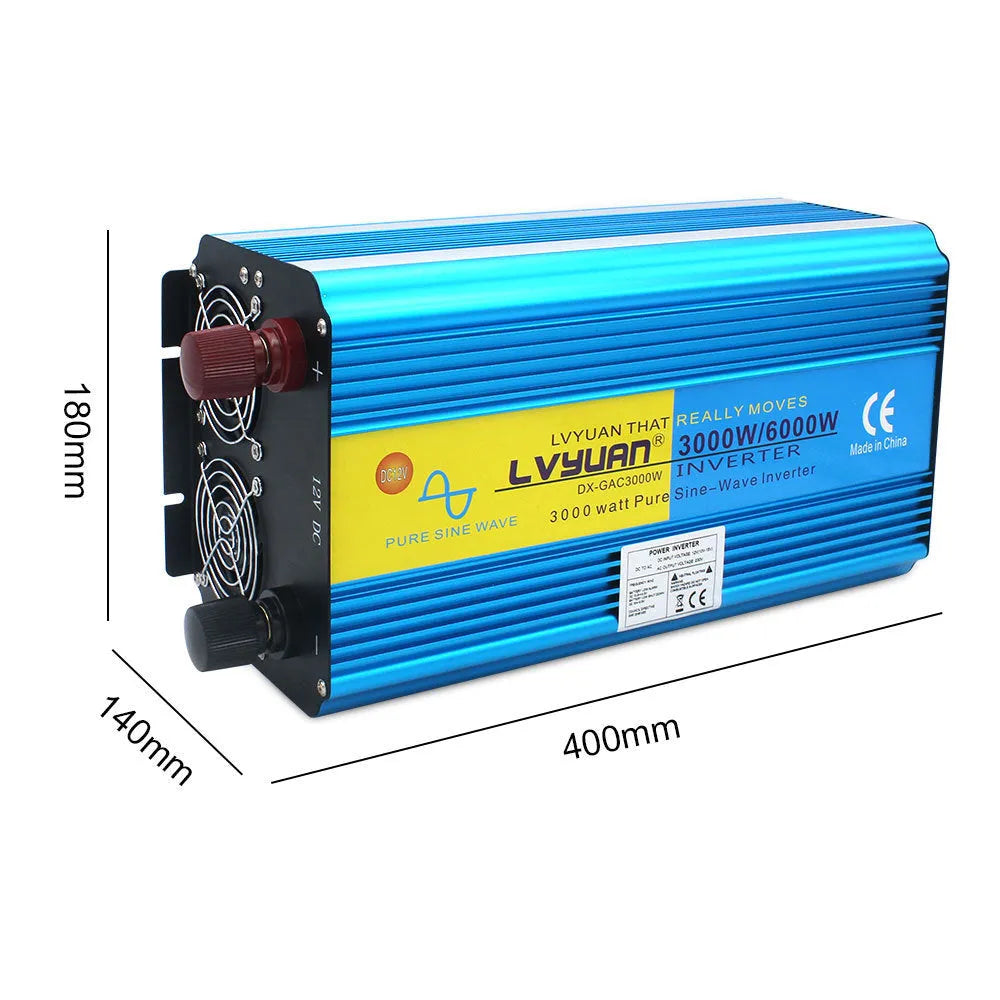 Blue 3000W pure sine wave car power inverter with digital display and UK socket.