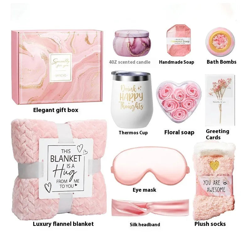 Aromatherapy bath gift set with candle and soap in a modern plastic container