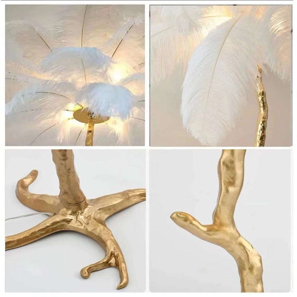 Tall decorative resin floor lamp with feather details in choice of dark green, pink, or white colours