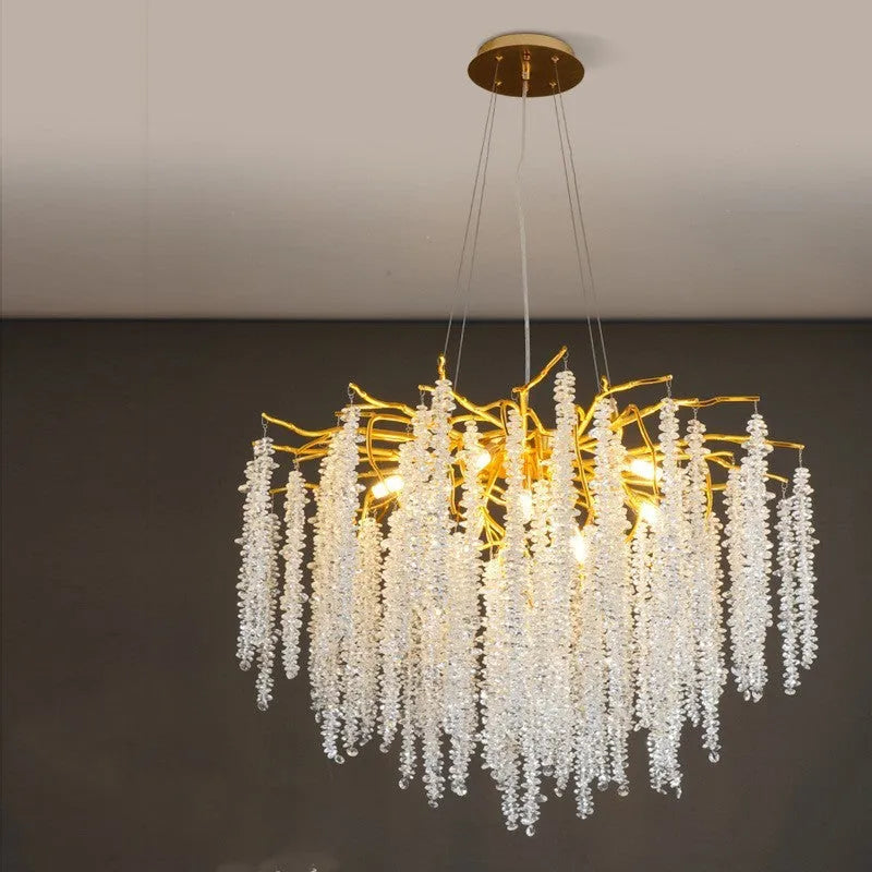Adjustable height crystal chandelier with aluminium alloy body and LED light in round and long style options
