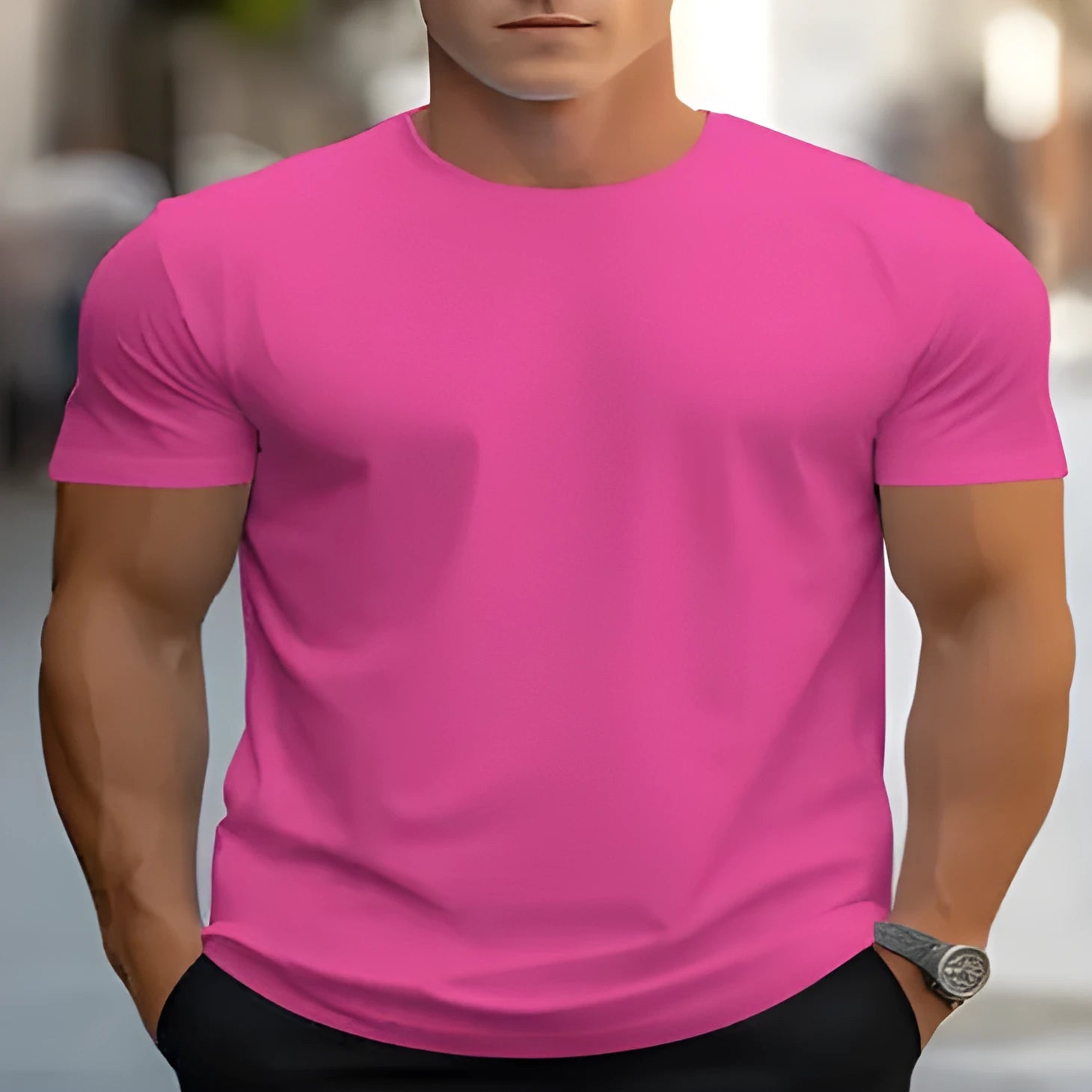 Men's loose-fit round neck short sleeve t-shirt with a custom print on bird eye polyester fabric.