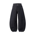 Men's wide leg denim trousers in original cow colour showing mid waist and straight leg design