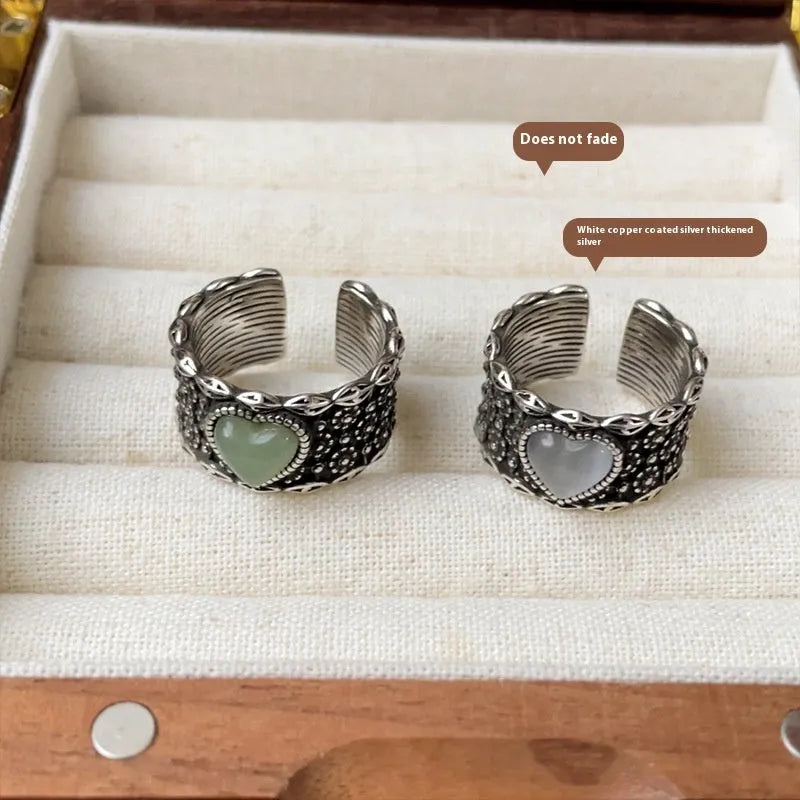 Retro wide-faced heart-shaped adjustable ring in white copper plated silver