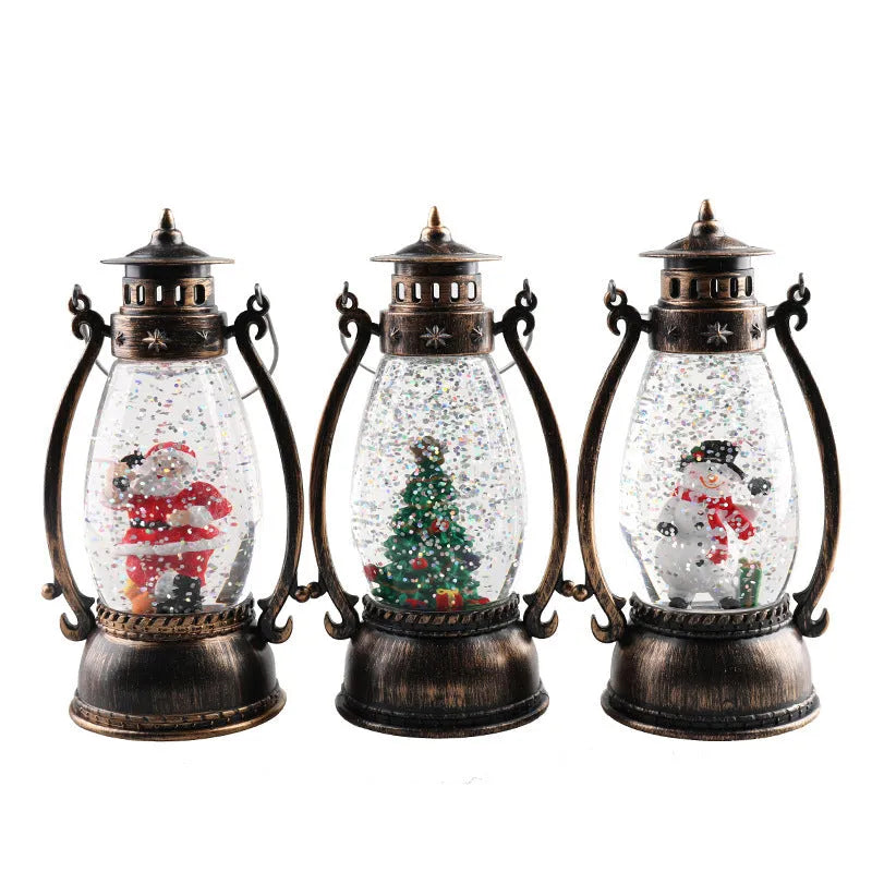 LED crystal ball Christmas decoration with illuminated oil lamp snowman figure on tabletop