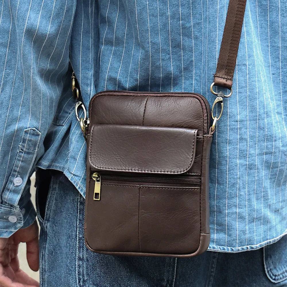 Men's brown genuine leather crossbody shoulder bag with adjustable strap