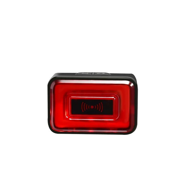 Smart radar bicycle taillight with double bracket mount showing dimensions and TYPE-C charging port