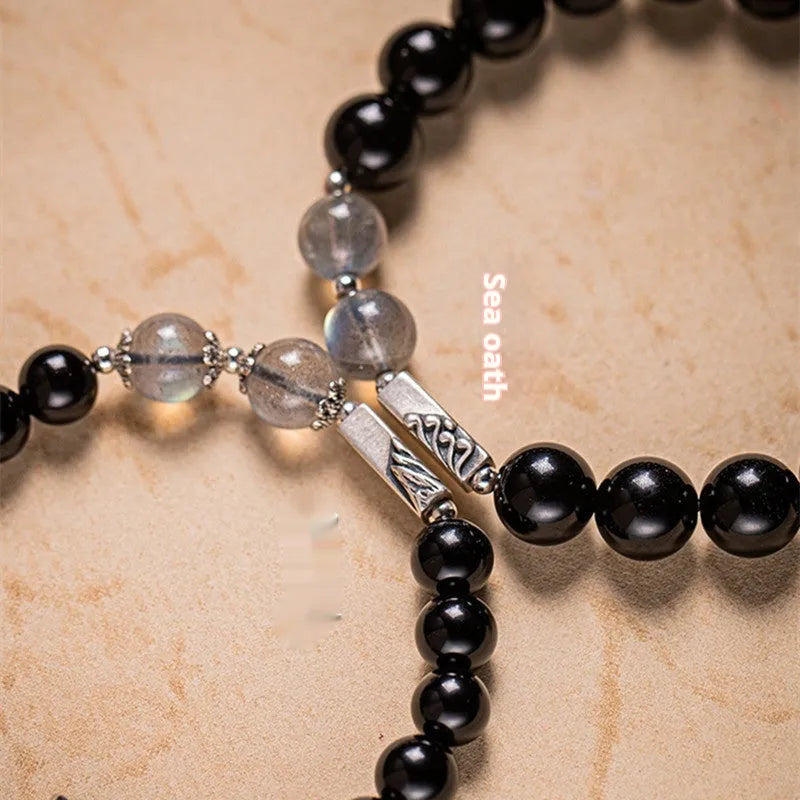 Obsidian Buddha beads DIY couple bracelet kit with 8mm and 10mm national style stone jewellery