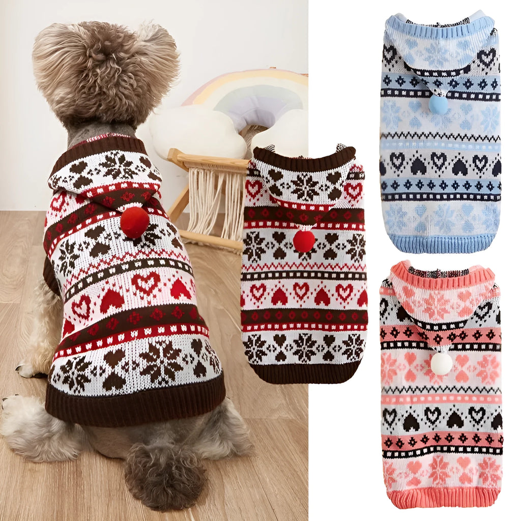 Pink striped camouflage dog sweater with snowflake and heart pattern on a small white dog.