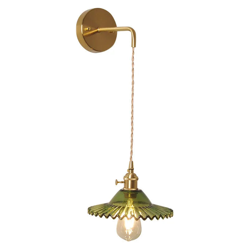 Retro brass lotus wall lamp with glass shade in various colour options