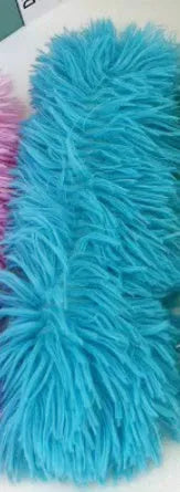 Blue, green, pink, and white plush cat toy pillow measuring 27 by 10 centimetres.