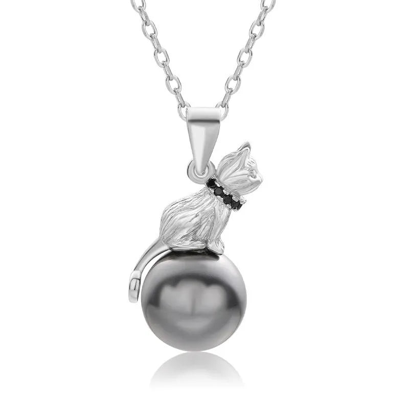 Sterling silver cat pendant necklace with electroplated finish on adjustable silver chain