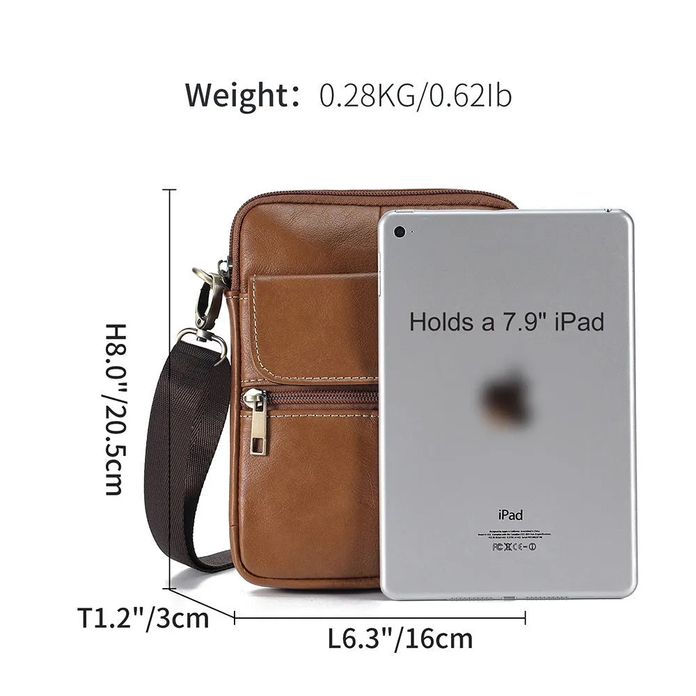 Men's brown genuine leather crossbody shoulder bag with adjustable strap