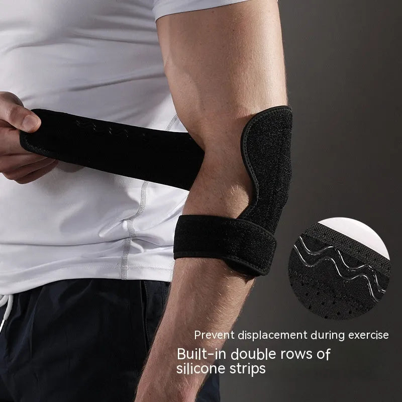 Black adjustable sports elbow guard for fitness training and outdoor activities like basketball and hiking.