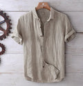 Men's solid colour retro distressed linen shirt in white with relaxed fit and button front