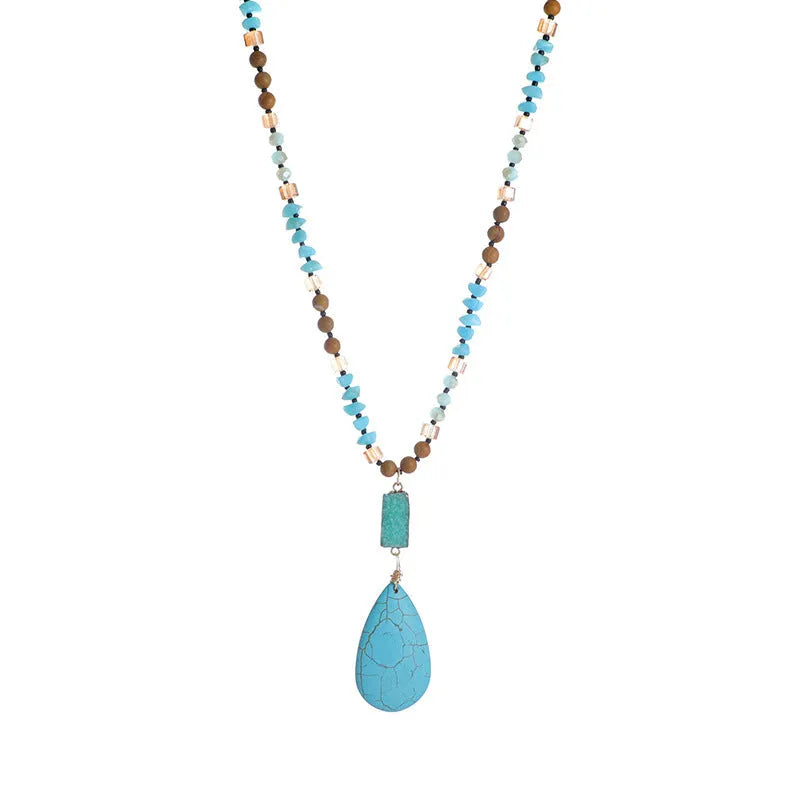 Blue turquoise water drop pendant necklace with mixed gem inlay on a long ball bead chain