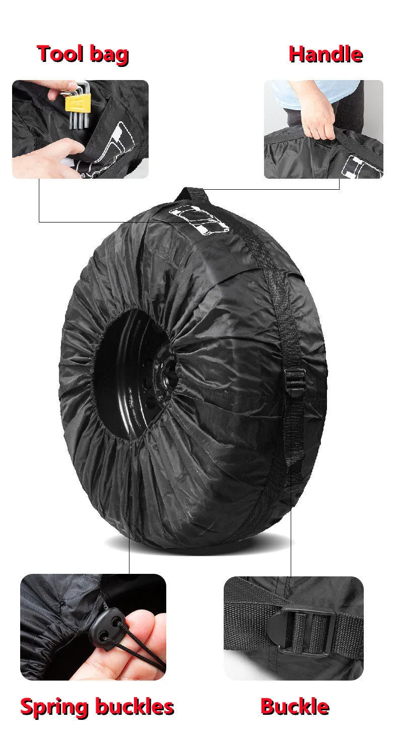 Oxford cloth 210D car tyre protective cover set of 4 in black belt style on a parked car