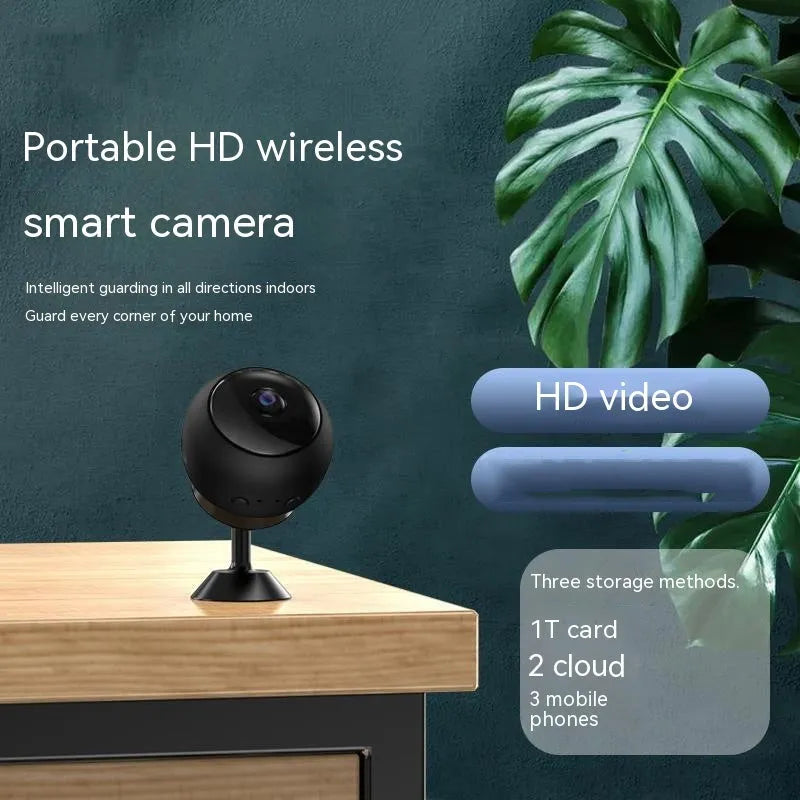 1080p wireless WiFi surveillance camera with ABS housing and USB cable on a white background.