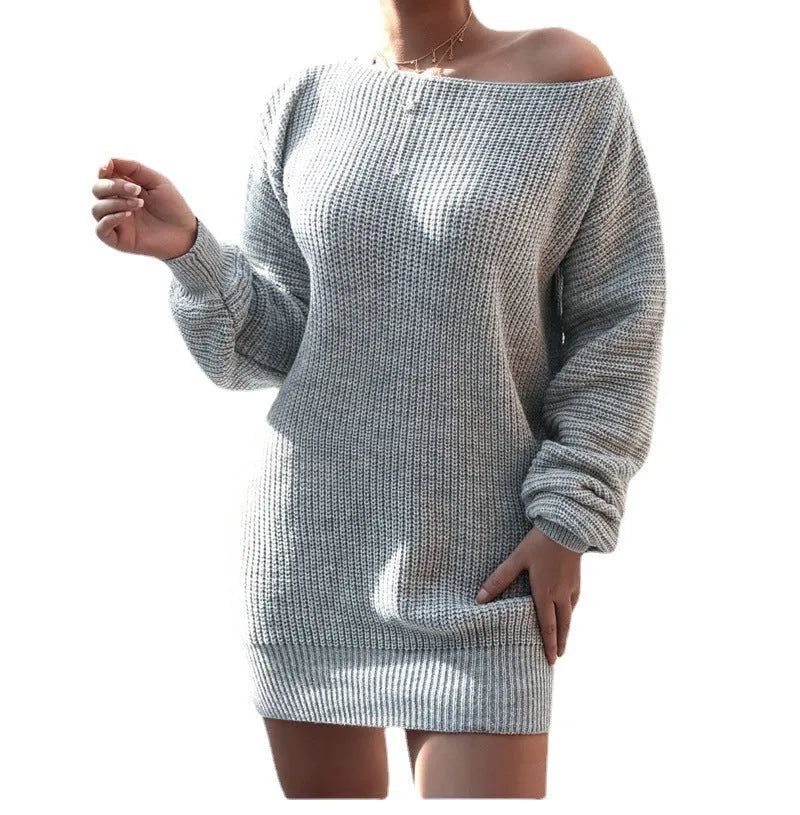 Women's off-the-shoulder knitted dress with lantern sleeves in a solid colour.
