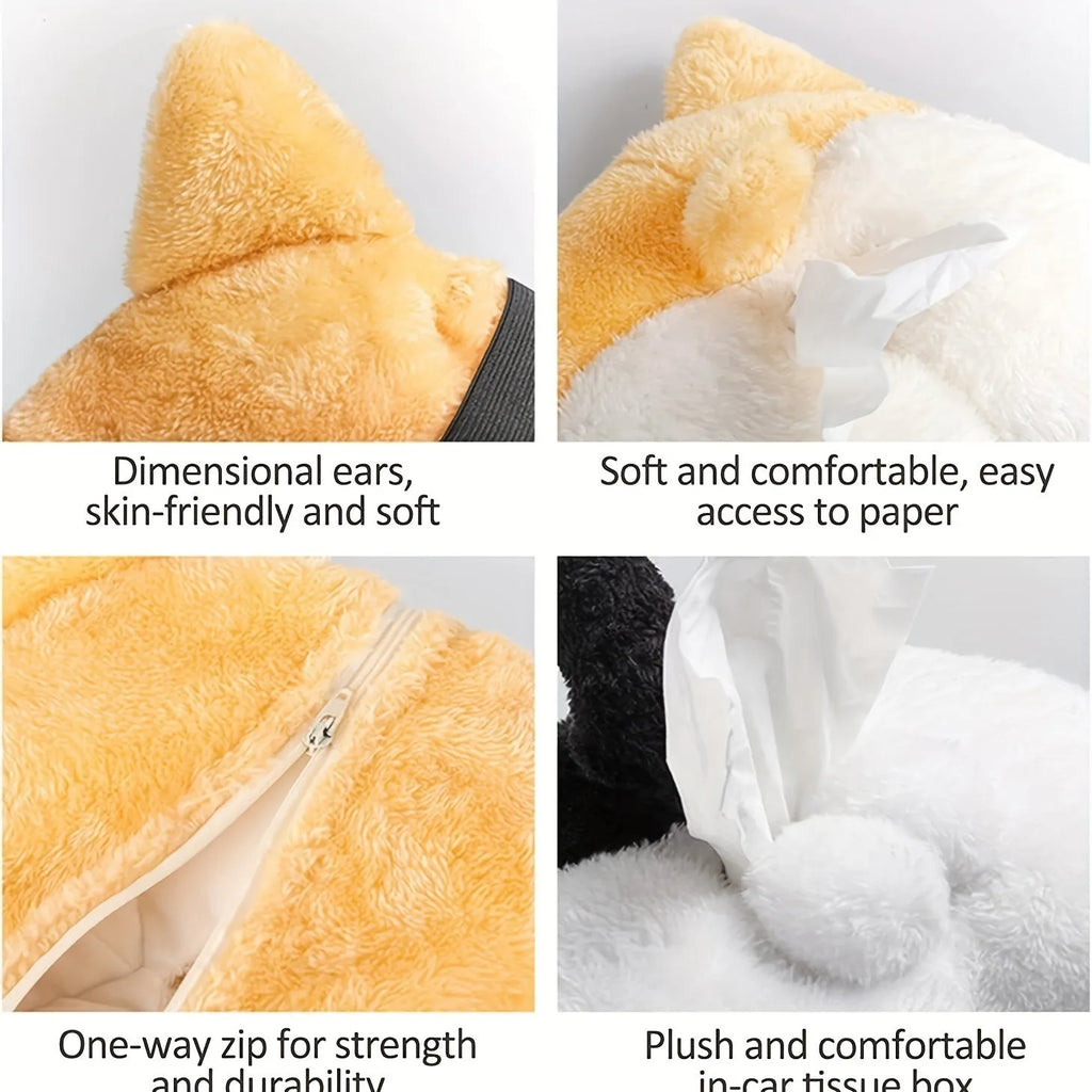 Yellow soft corgi butt shaped tissue box cover with elastic strap for car sun visor.