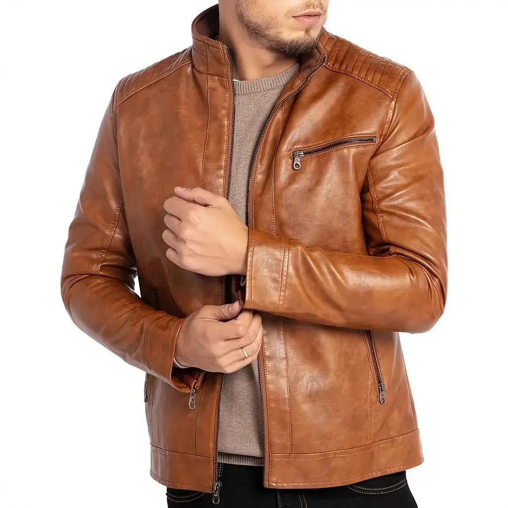 Man wearing a brown artificial leather punk-style motorcycle jacket with a stand collar.