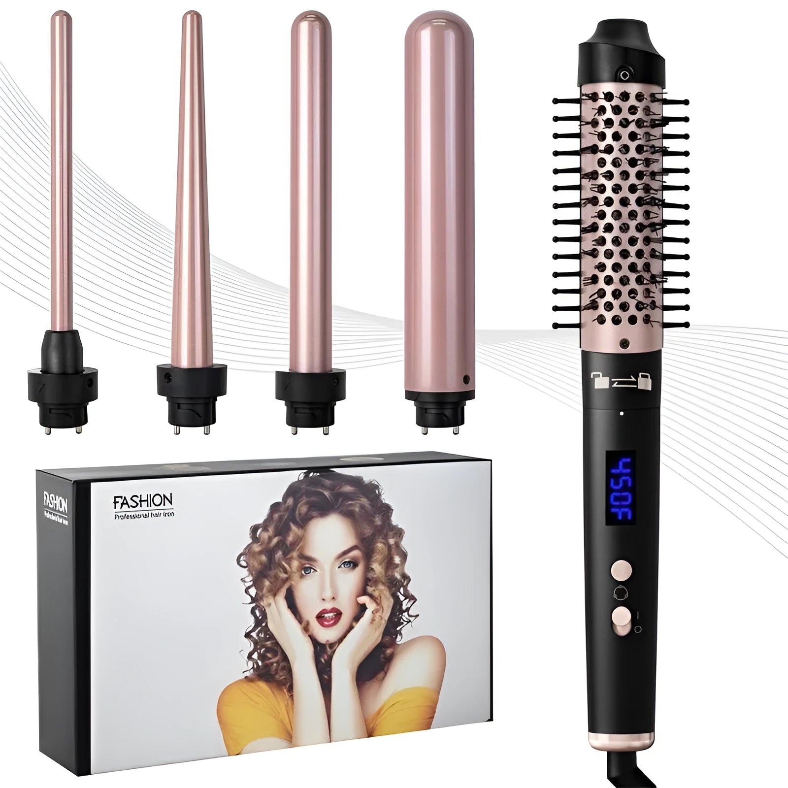 Automatic large wave hair curler in rose gold or black with three styling headbands.