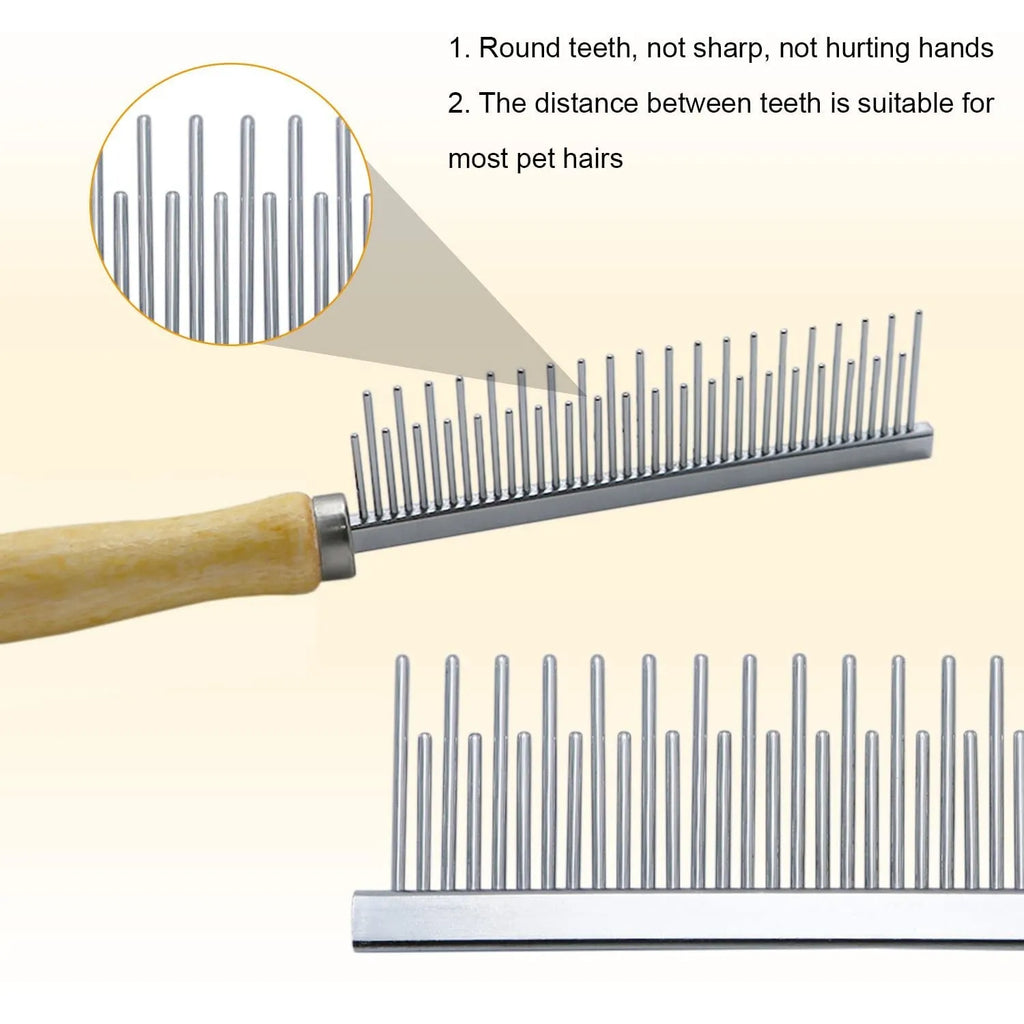 Wooden handle pet grooming comb for dogs and cats in single, double, and high-low tee designs.