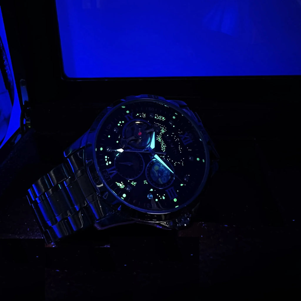 Automatic mechanical men's watch with rose gold case and black multifunctional dial