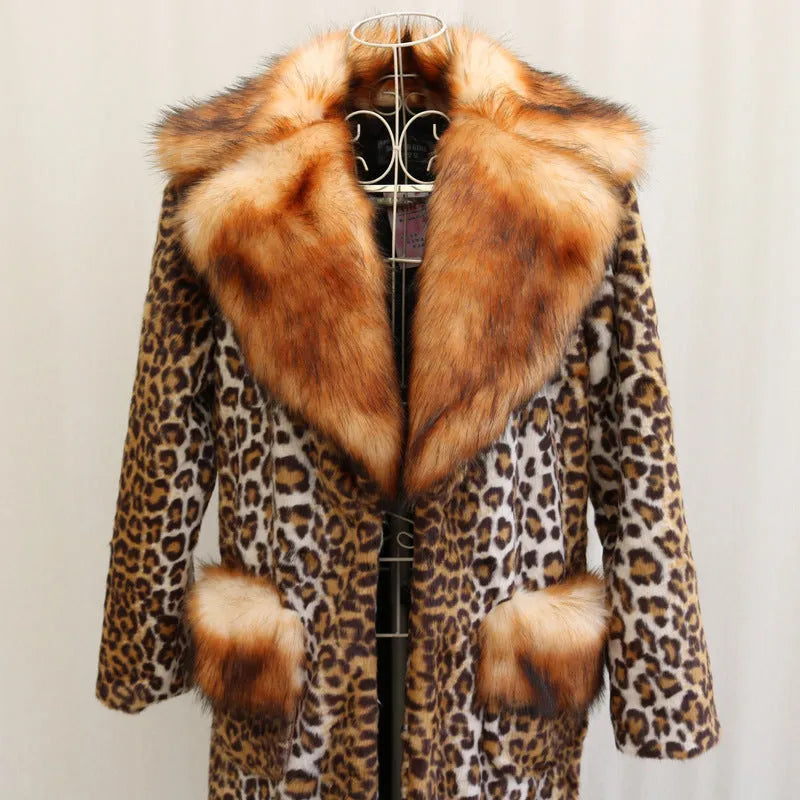 Women's long artificial fur jacket with leopard print pattern, regular sleeves, and casual street-style fit.
