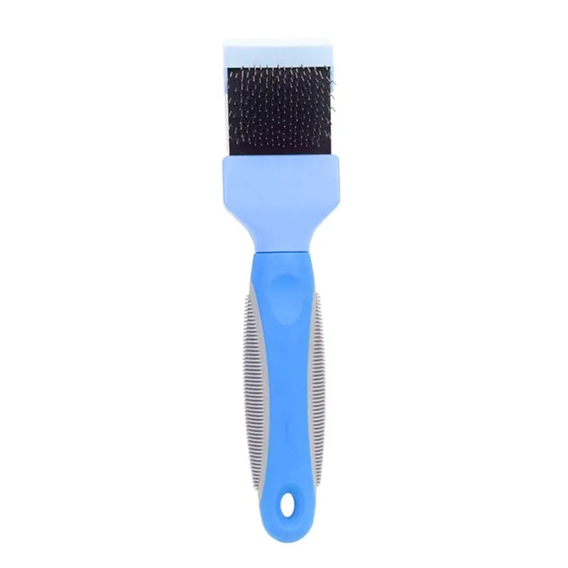 Blue double-sided dog grooming brush with stainless steel pins and ergonomic non-slip handle on a white background.