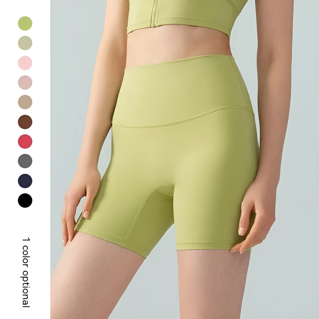 Women's leaf green Lycra yoga shorts with high waist belly control design