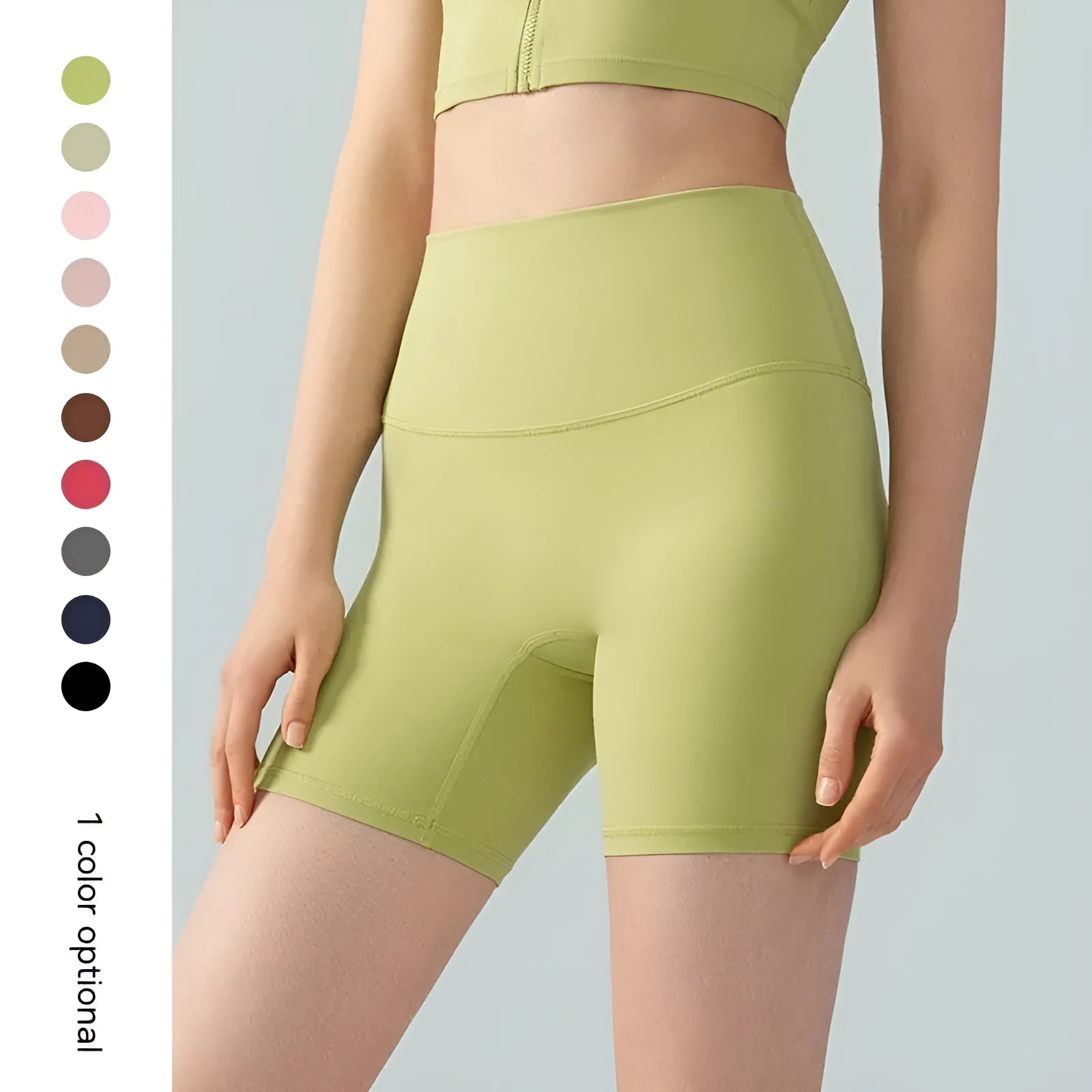 Women's leaf green Lycra yoga shorts with high waist belly control design