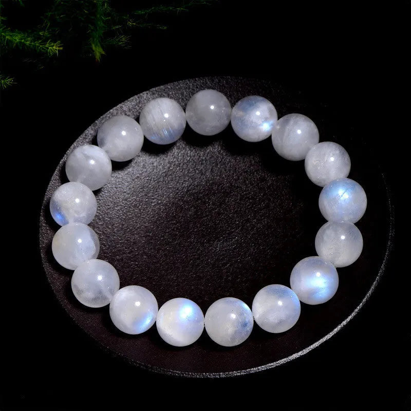 Natural blue moonlight polished moonstone round bead bracelet showing multiple diameter size options