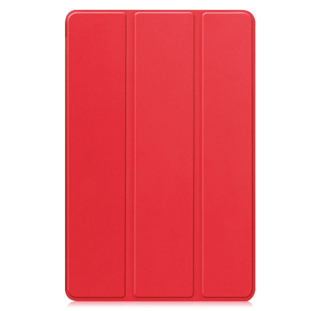 Samsung Tab S10 FE Plus tablet in a tri-fold black leather case with built-in stand open for viewing.