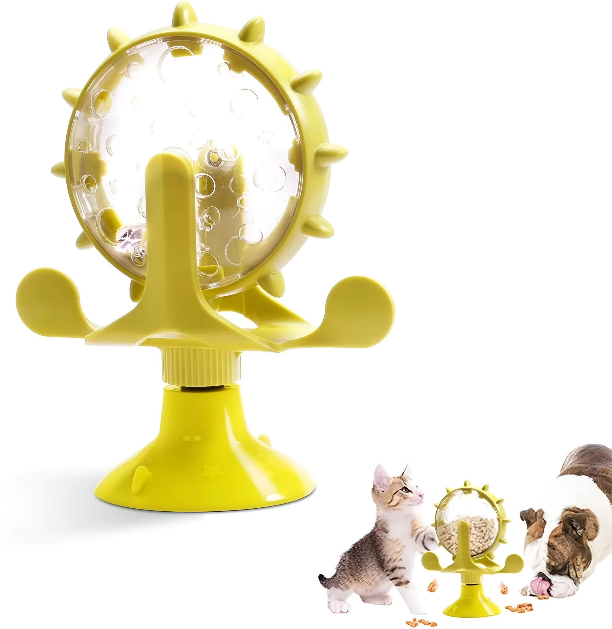 Interactive pet puzzle toy with spinner treat dispenser and suction cup base in multiple colours