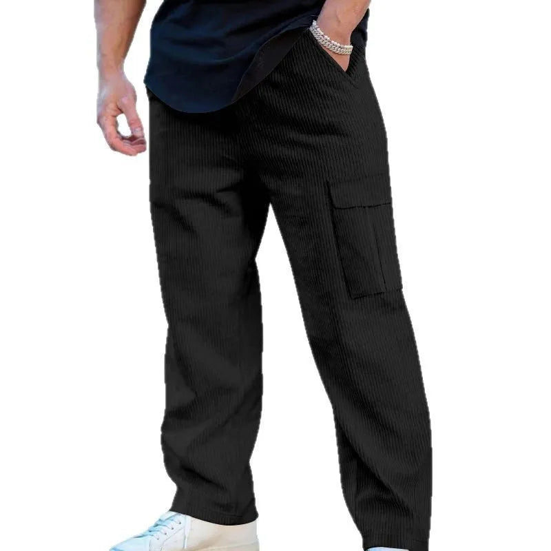 Men's straight-leg corduroy cargo trousers in a loose wide-leg fit with a drawstring waist.