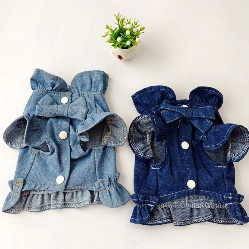 Blue denim dog dress vest with ruffles design and leash hooks on chest and back