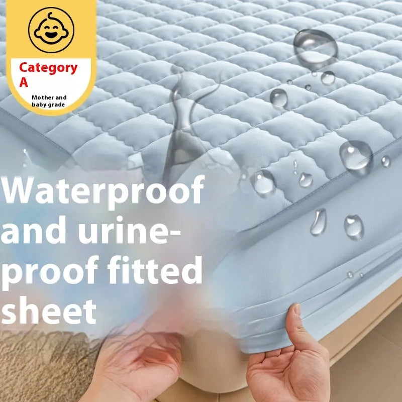 Cotton waterproof fitted sheet in blue colour with elasticated edges for mattress protection