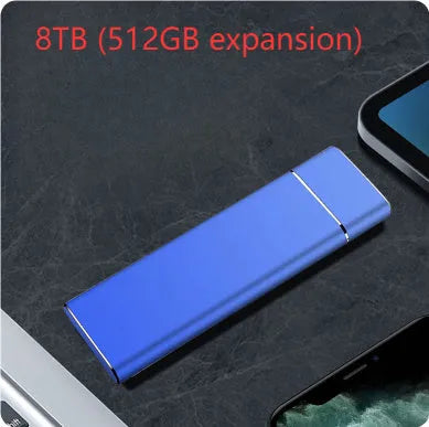 Sapphire blue metal external solid state hard disk with USB cable on a white surface
