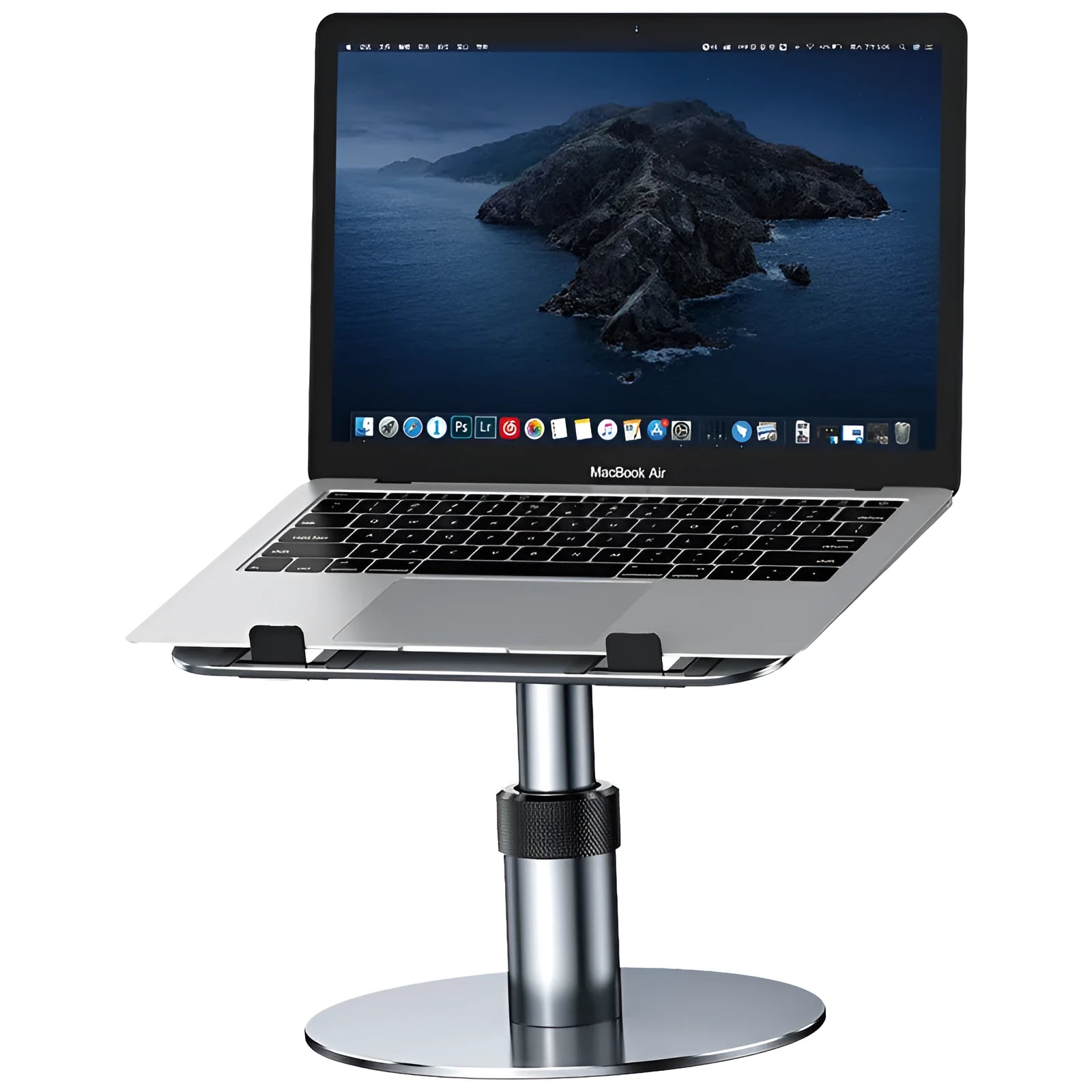 Silver aluminium car laptop stand with adjustable height and rotating base on a car seat.